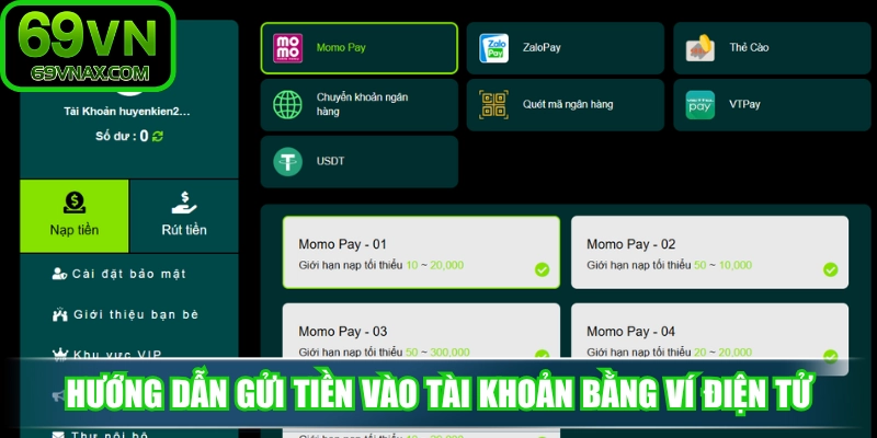 Hướng dẫn thao tác gửi tiền vào tài khoản bằng ví điện tử